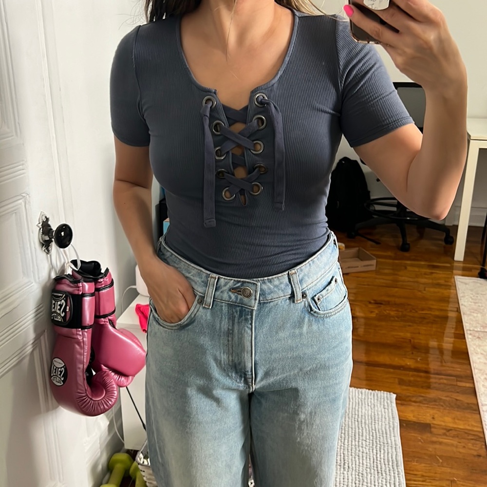 Blue/Gray Front Tie Bodysuit, small
